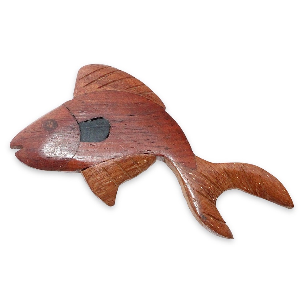 Vintage Carved Wood Fish Brooch Large Brown and Black Wooden Pin